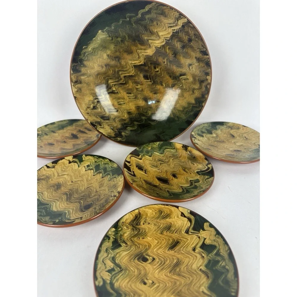 Plastic Yellow Green Brown  Marble patterned Bowl And 5 Salad Plates Melamine?